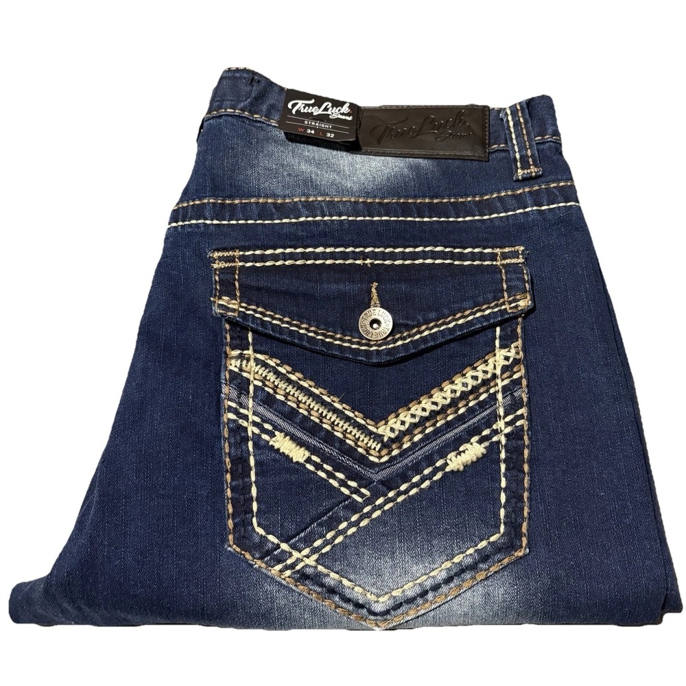True Luck Jeans Mens 34x32 Blue‎ Straight Classic Stretch Denim Thick Stitch NEW